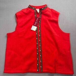 Simply Susan Red Fleece Vest Floral Embroidered Trim Holiday Winter Cozy XL